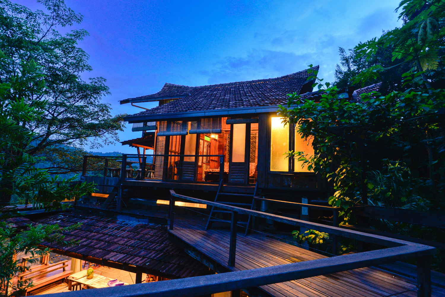 SpyderHill's treehouse glowing at dusk in the Negeri Sembilan rainforest